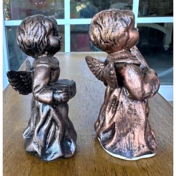 VTG Porcelain Angel Figurines Set of 2 Antique Look Bronze Finish Midwestern Hom - Picture 6 of 12